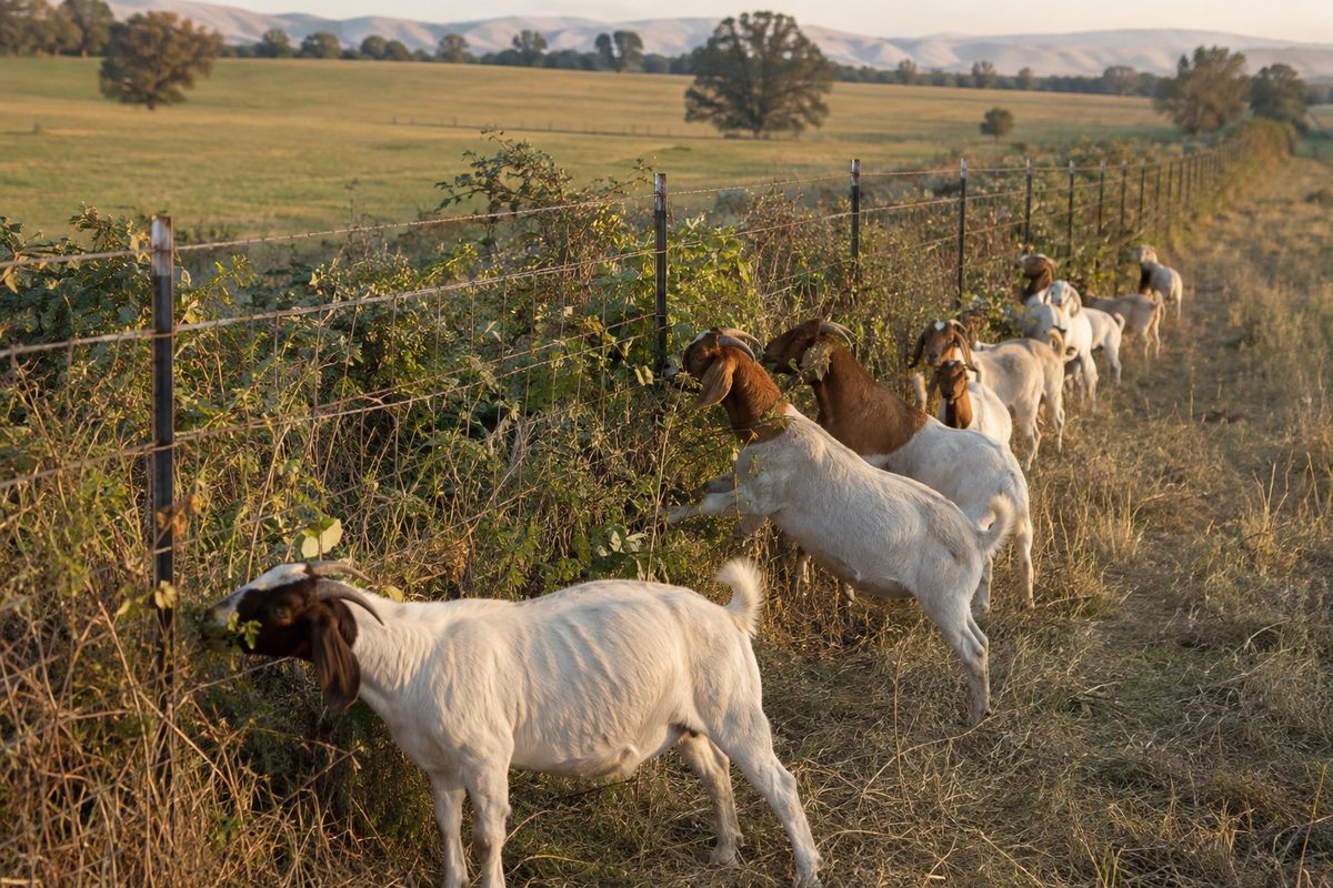 Goats clearing an overgrown ranch fence line