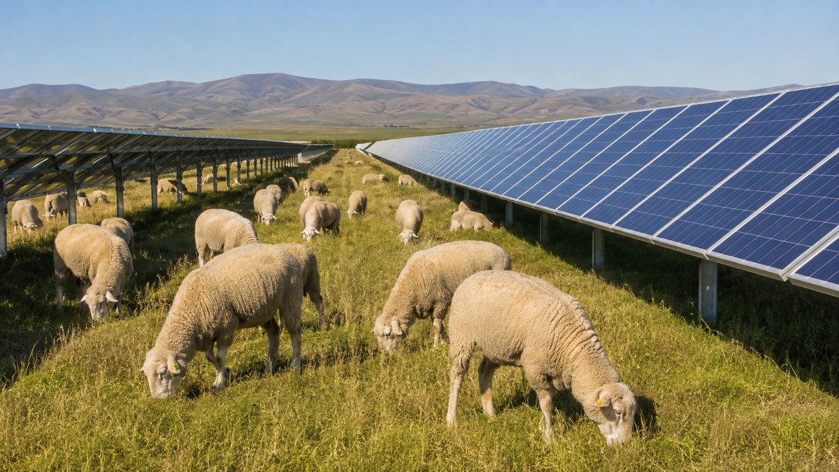Sheep grazing grass between rows of solar panels