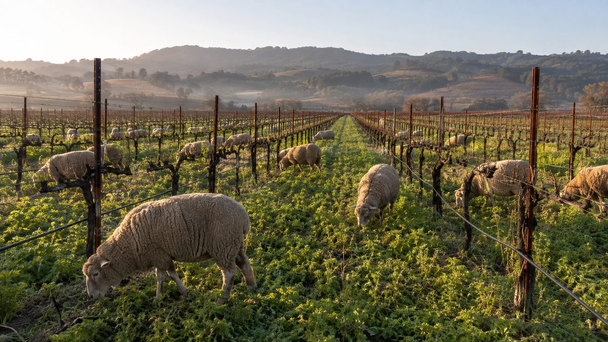 Sheep grazing cover crop between dormant vineyard rows